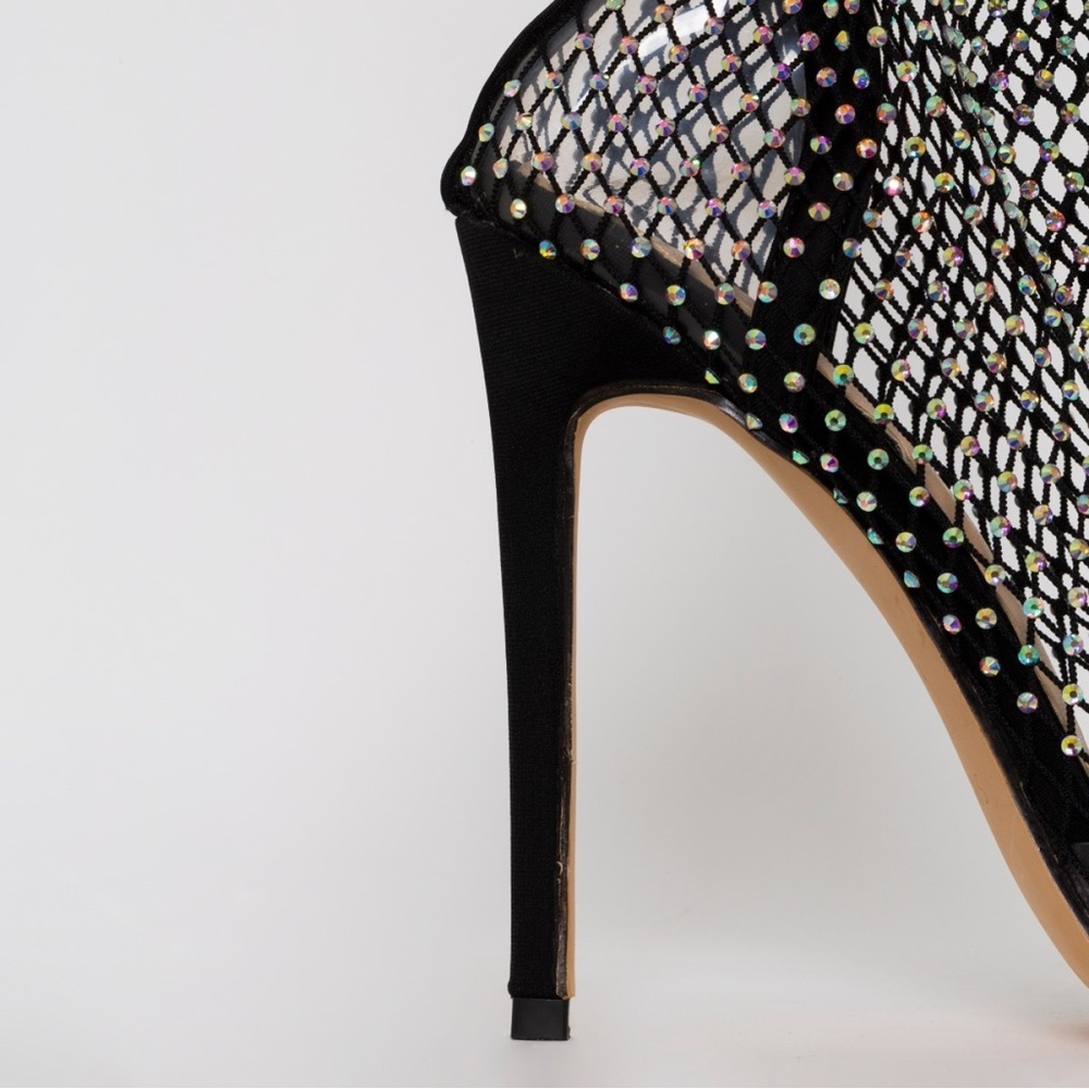 New!! KRYSTAL BLACK DIAMANTE FISHNET HEELS 8.5 - Picture 7 of 11